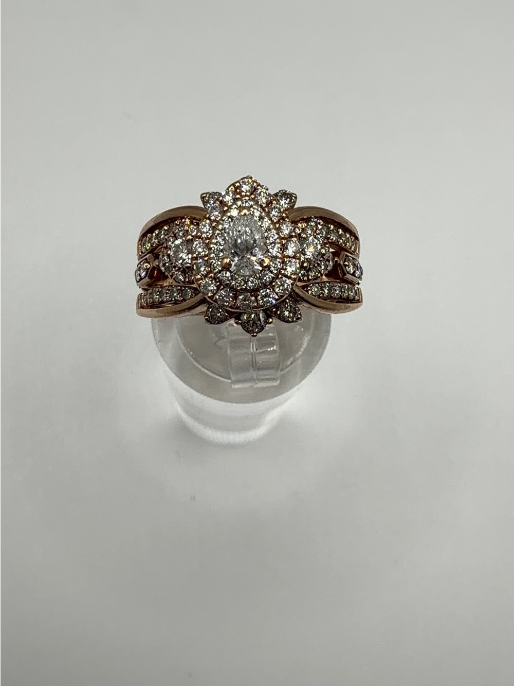 14K Rose Gold Pear Diamond Halo Ring Size 7.25